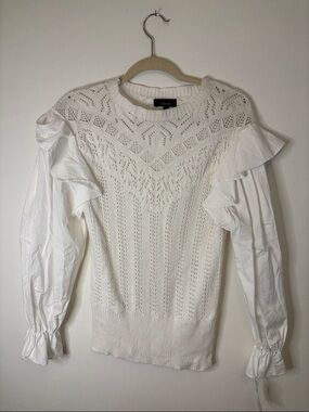 White Ruffle Sleeve Knit Blouse Sweater Top Romantic Cottagecore Size L New